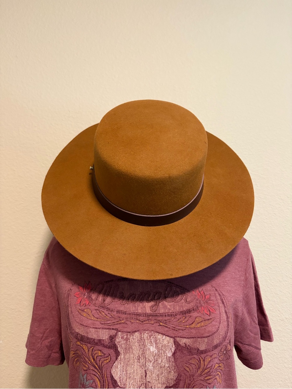 GIGI PIP Wide Brim Wool Felt Rancher Hat in Tan with Brown Band